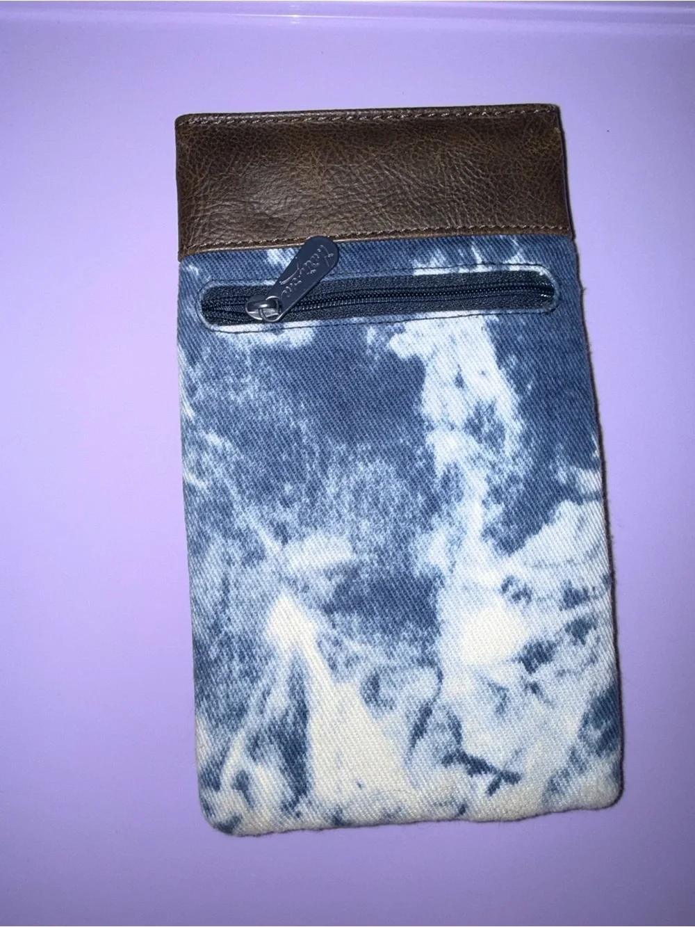 Thirty-One Denim Tie-Dye Sunglasses Pouch with Brown Leather
